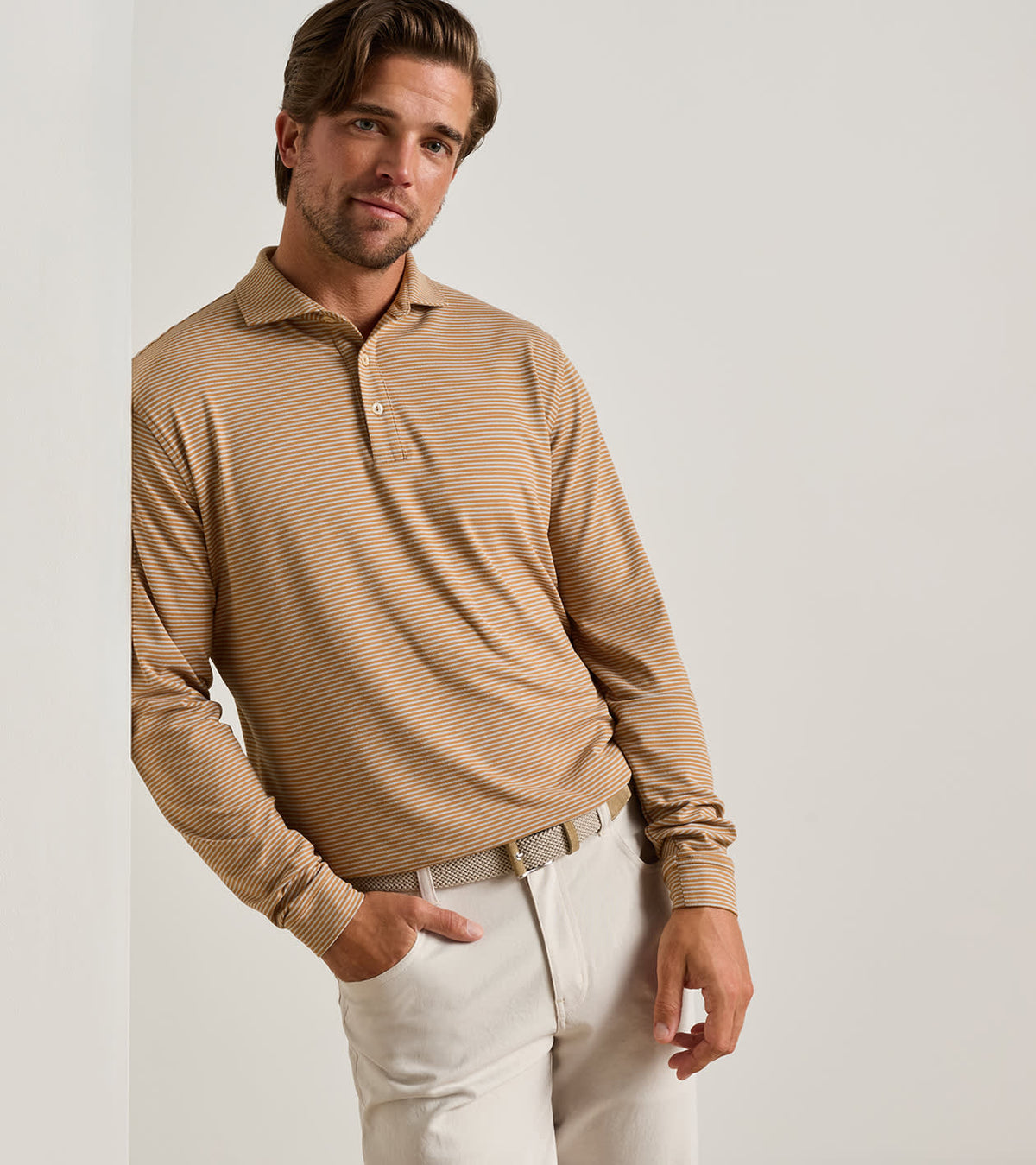 Lyons Stripe Performance Jersey Long-Sleeve Polo- Dark Amber